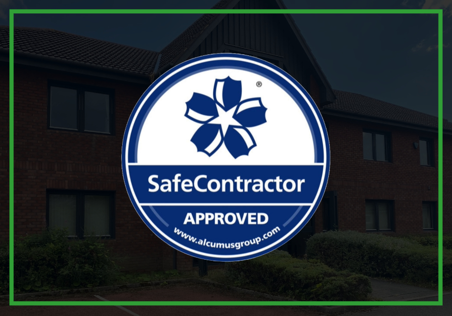 A graphic that features the SafeContractor and STP Construction logos, with the STP office building faded in the background. This graphic represents STP being awarded the SafeContractor accreditation.
