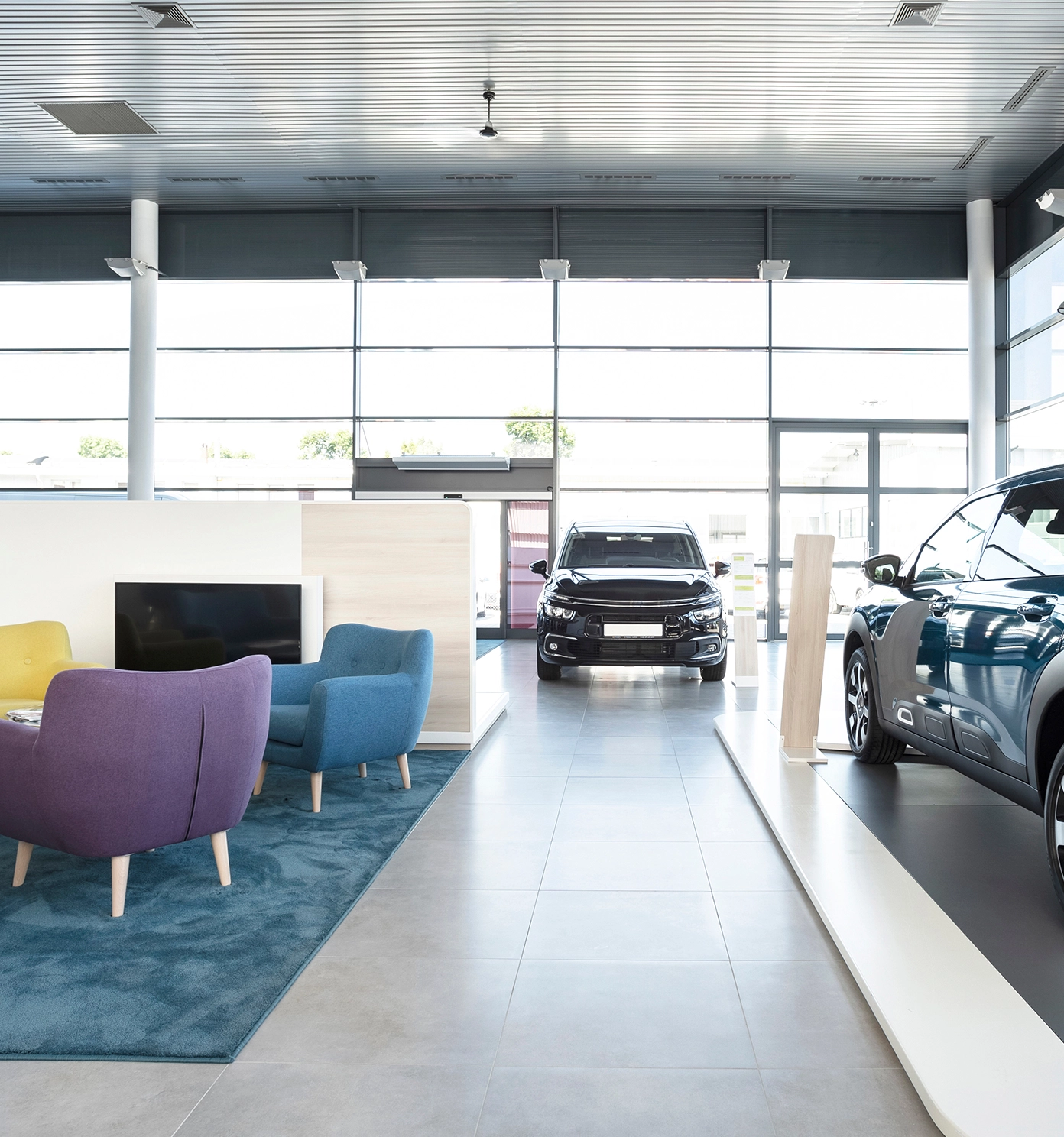 a bright and modern car showroom